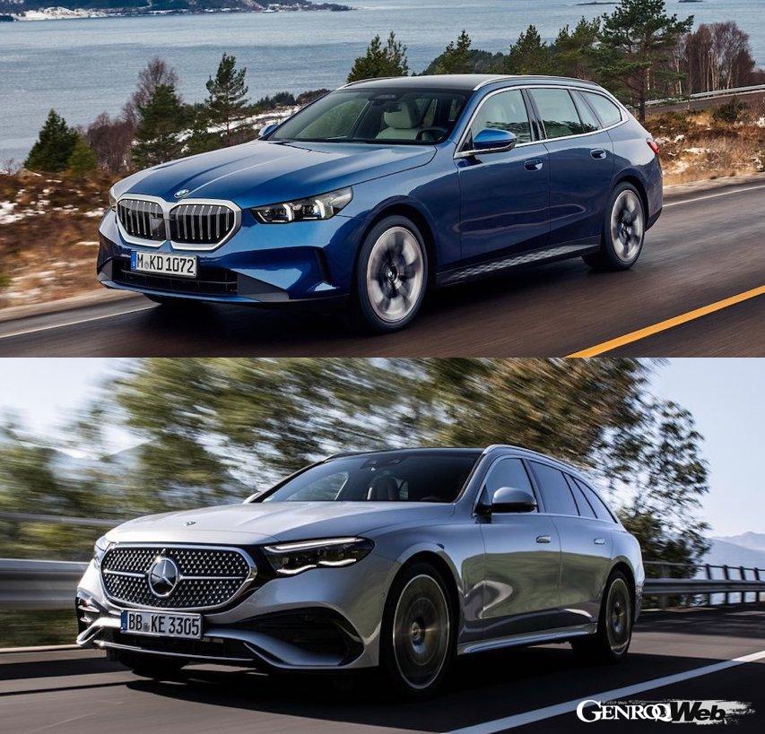 Comparing specs of the “BMW 5 Series Touring” and “Mercedes-Benz E-Class Station Wagon,” two serious