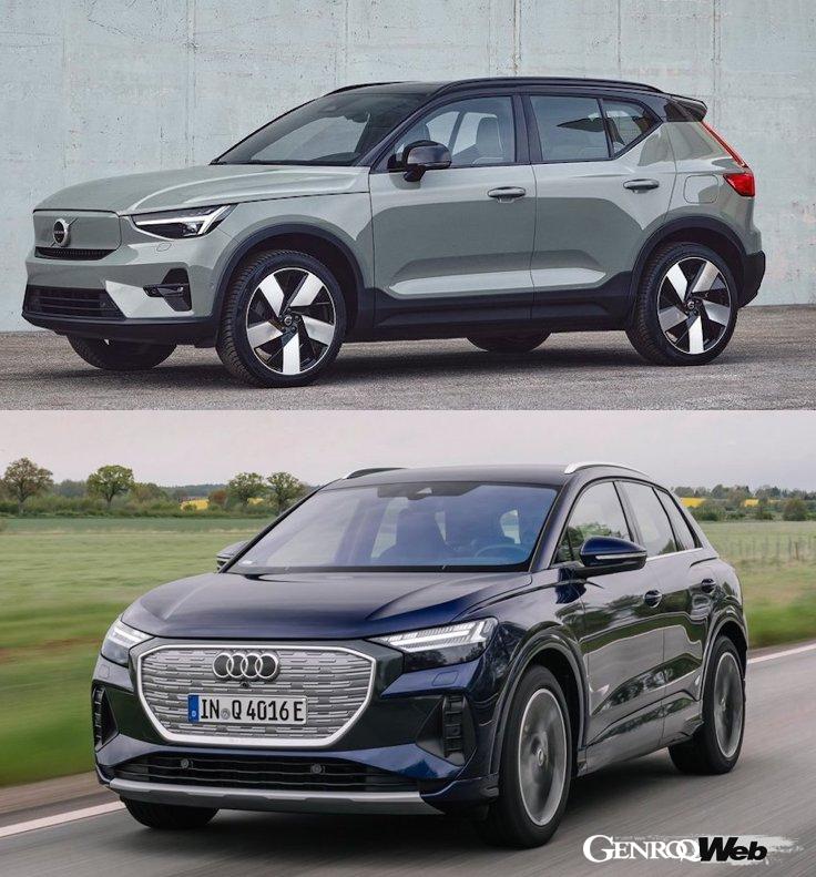 Comparing the specs of two premium brand fully electric compact SUVs, the Volvo EX40 and the Audi Q4 e-tron