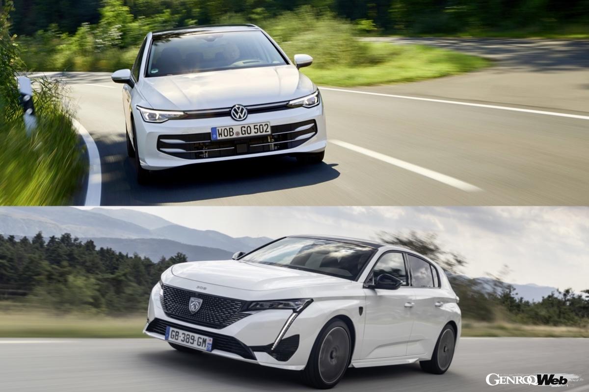 A head-to-head battle between German and French hatchbacks: the Volkswagen Golf and the Peugeot 308.